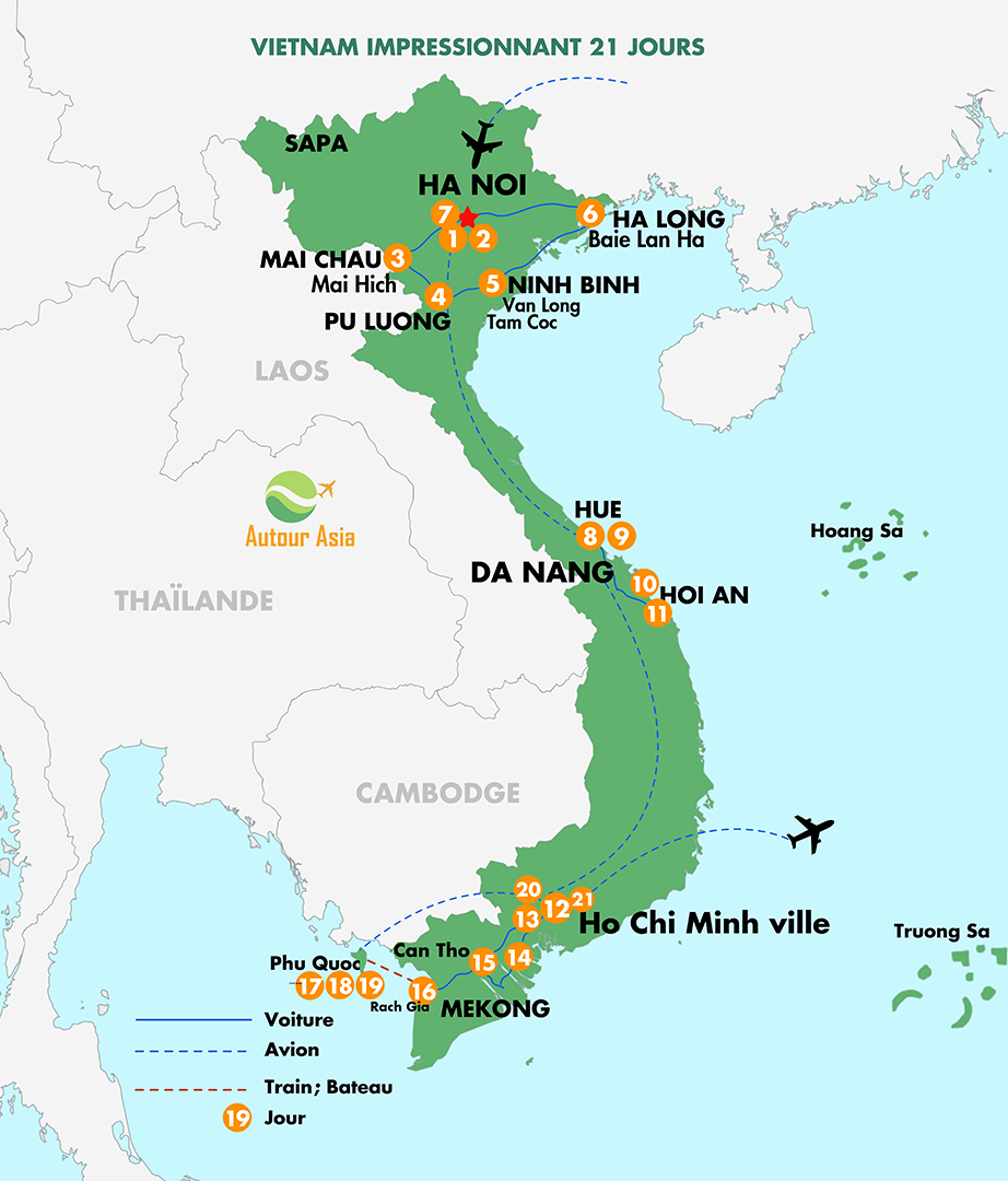 Carte d'un itinéraire 3 semaines au Vietnam