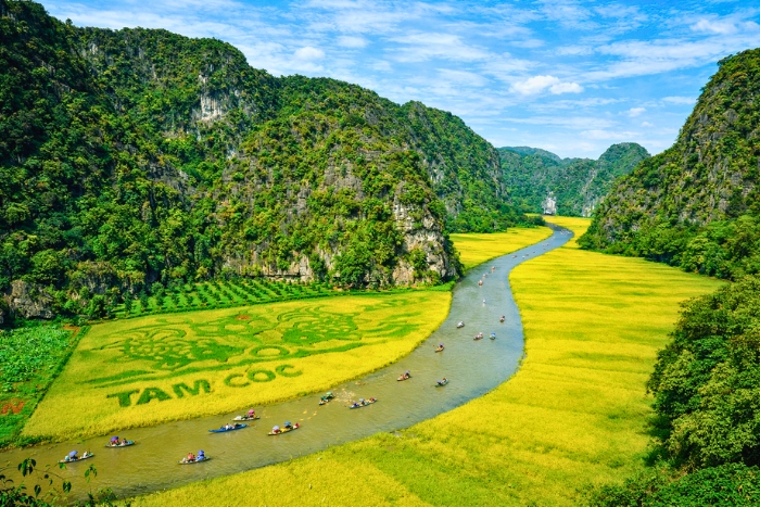 Explorer la beauté naturelle de Tam Coc en barque sur la rivière Ngo Dong